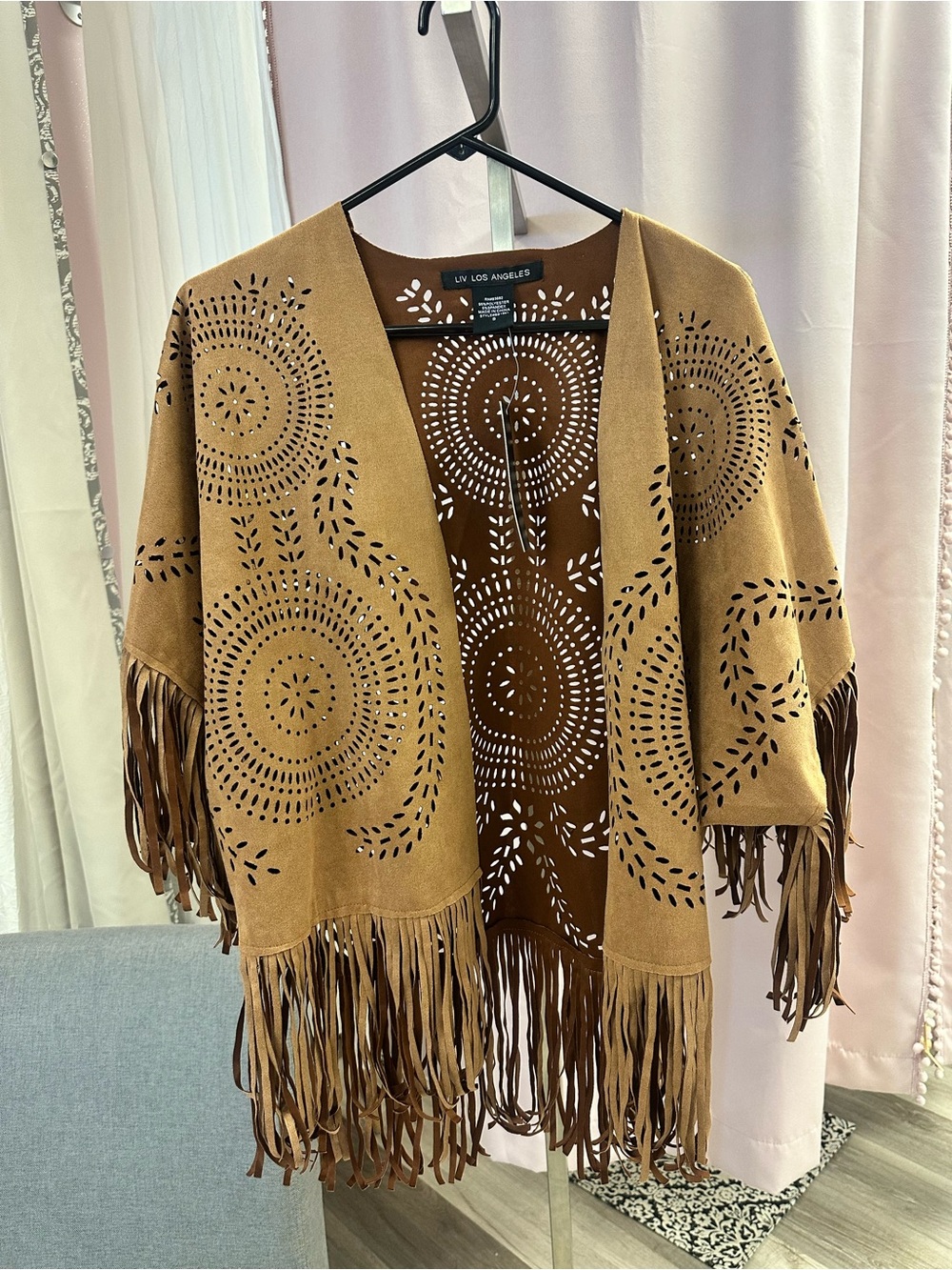 LVN Los Angeles Tan Laser-Cut Fringe Suede-Effect Poncho